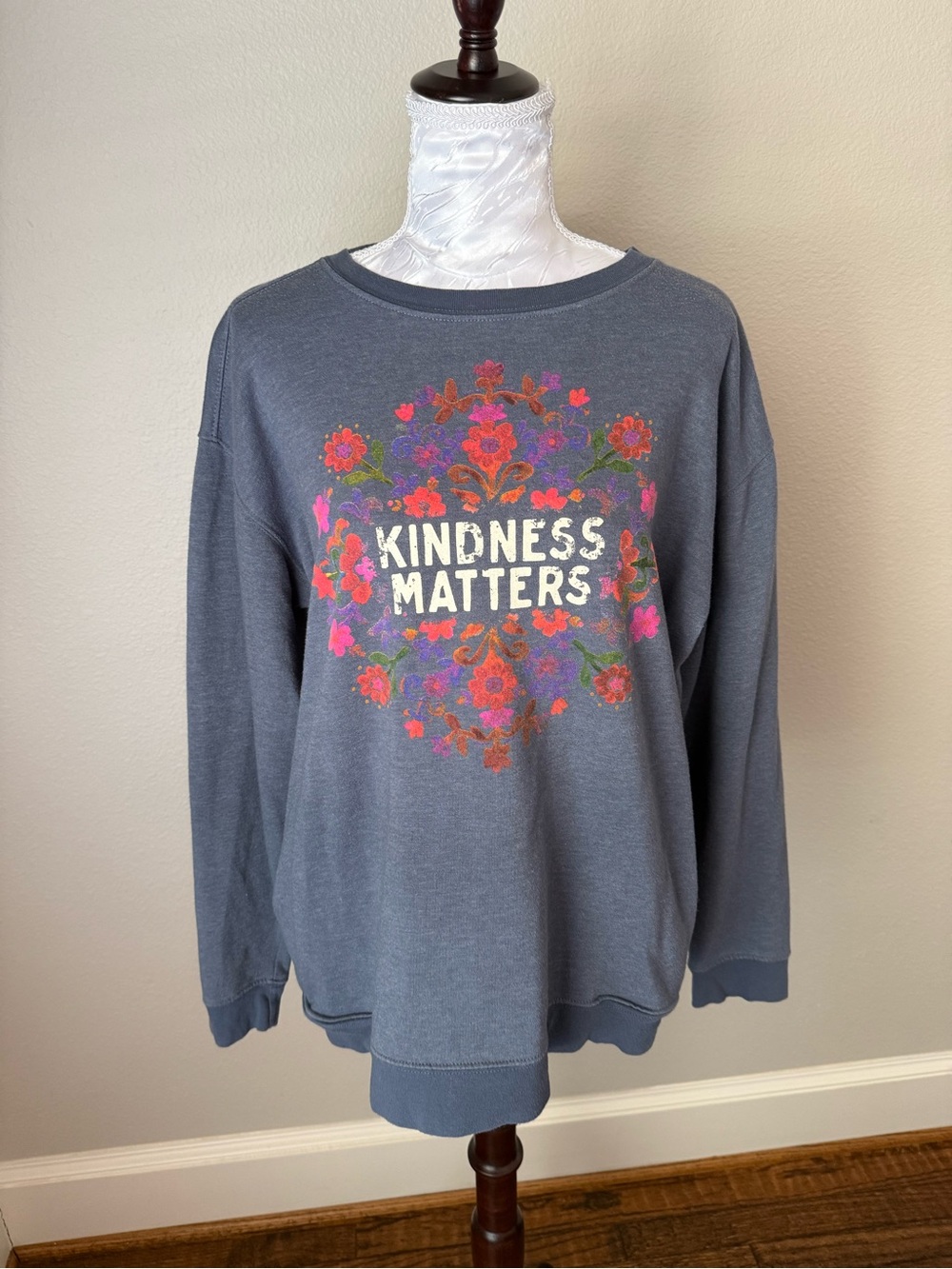 NATURAL LIFE Slate Blue 'Kindness Matters' Floral Sweatshirt